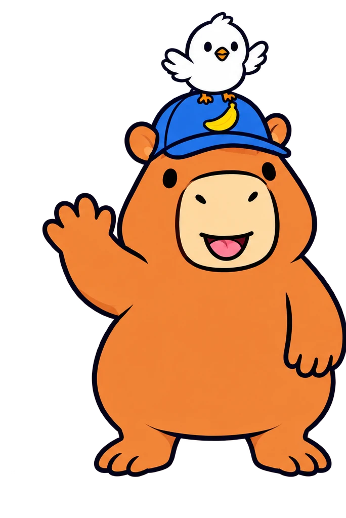 Chip the Capybara waving hello, with a little white bird on his blue cap